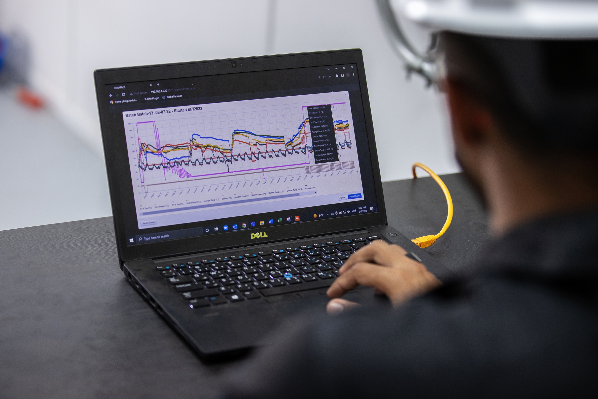 Laptop displaying compost temperature and process-control graphs at the KAUST facility