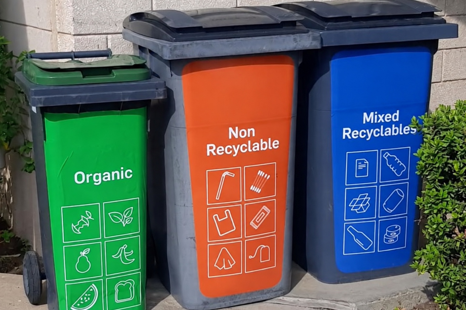 Three waste-separation bins labelled Organic, Non Recyclable and Mixed Recyclables